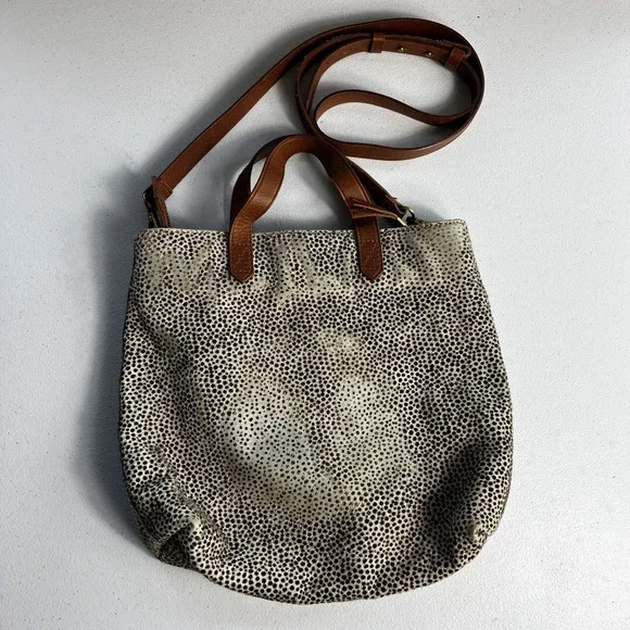 Madewell Crossbody Bag The Zip-Top Double Handles Leather Spotted Dyed Calf Hair - Picture 2 of 11